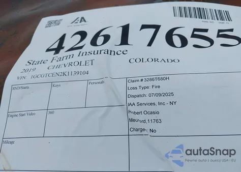 2019 Chevrolet Colorado Lt z USA, uszkodzony, nr VIN 1GCGTCEN2K1139104